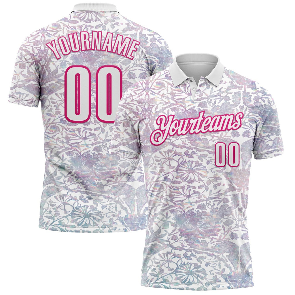 Custom White Hot Pink 3D Bowling Vintage Floral Performance Polo Shirt photo 1