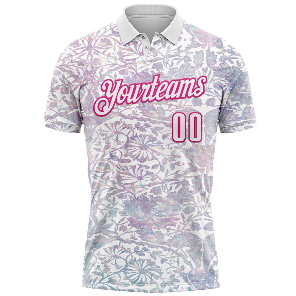 Custom White Hot Pink 3D Bowling Vintage Floral Performance Polo Shirt photo 2