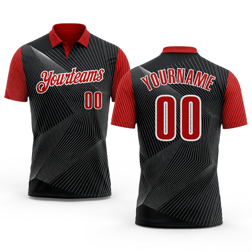 Custom Black Red-White 3D Bowling Line Performance Polo Shirt
