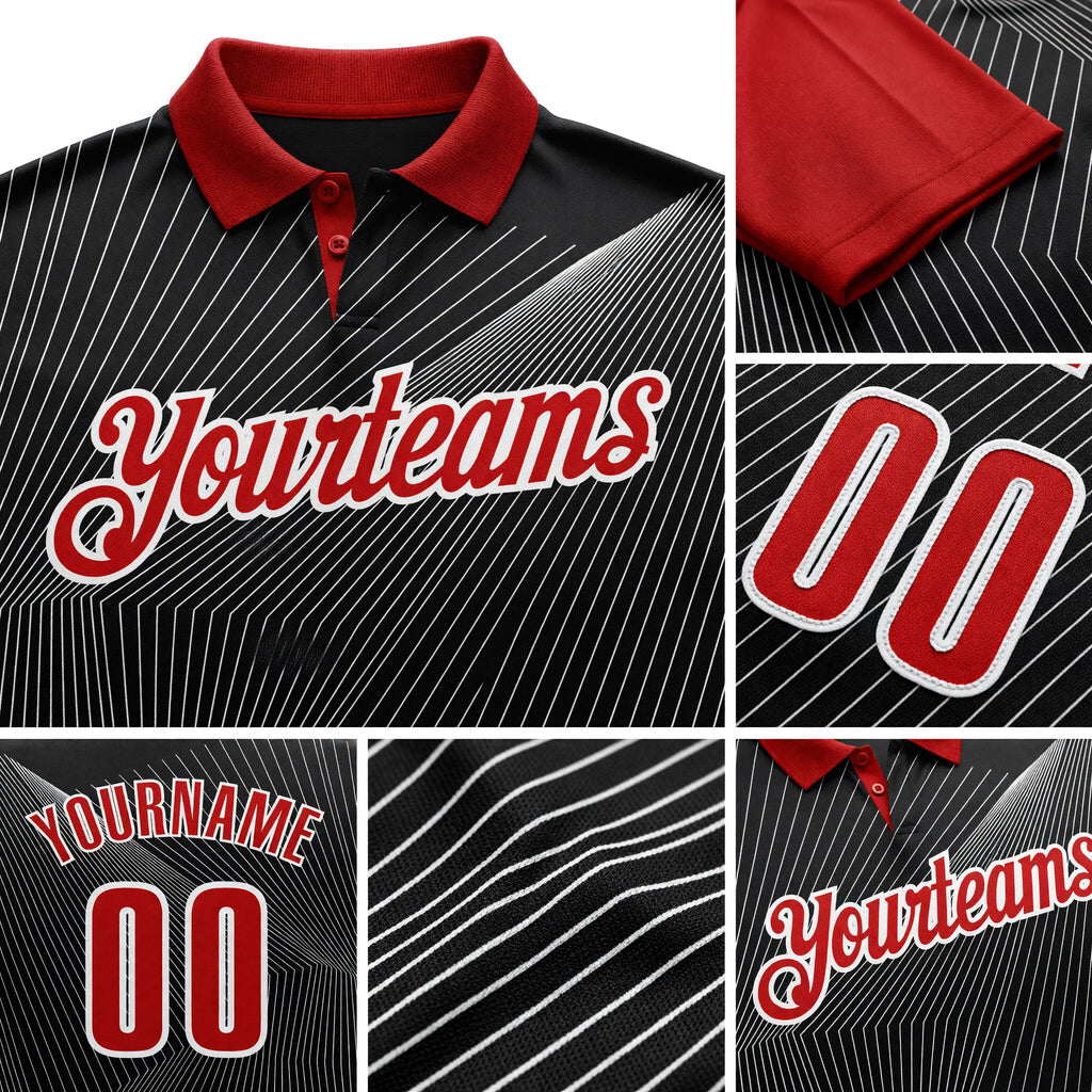 Custom Black Red-White 3D Bowling Line Performance Polo Shirt detail