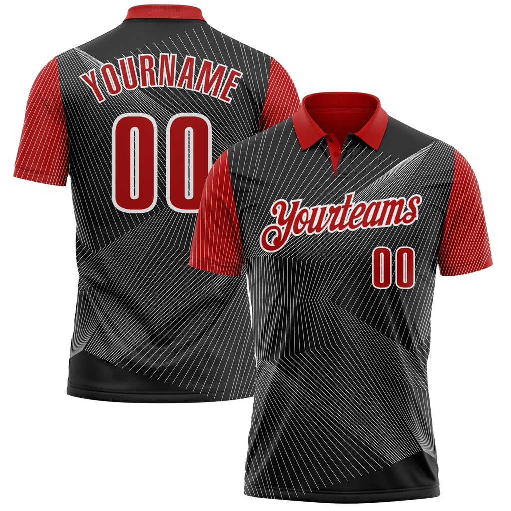 Custom Black Red-White 3D Bowling Line Performance Polo Shirt photo 1