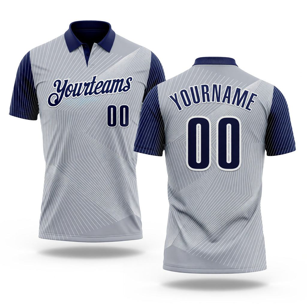 Custom Gray Navy-White 3D Bowling Line Performance Polo Shirt