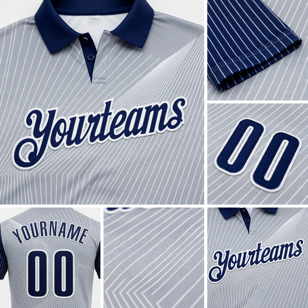 Custom Gray Navy-White 3D Bowling Line Performance Polo Shirt detail