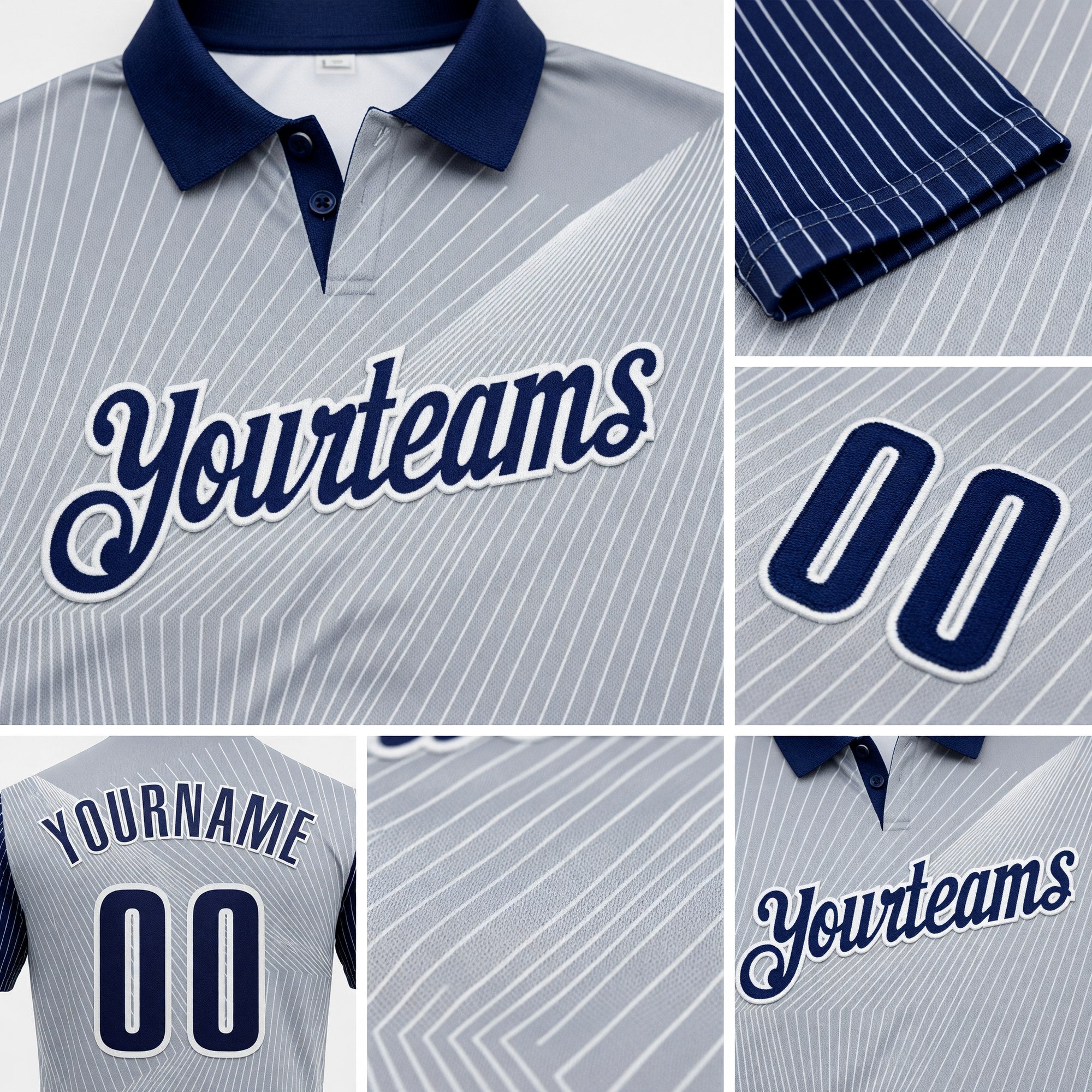 Custom Gray Navy-White 3D Bowling Line Performance Polo Shirt detail