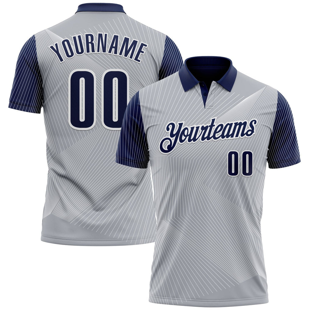 Custom Gray Navy-White 3D Bowling Line Performance Polo Shirt photo 1
