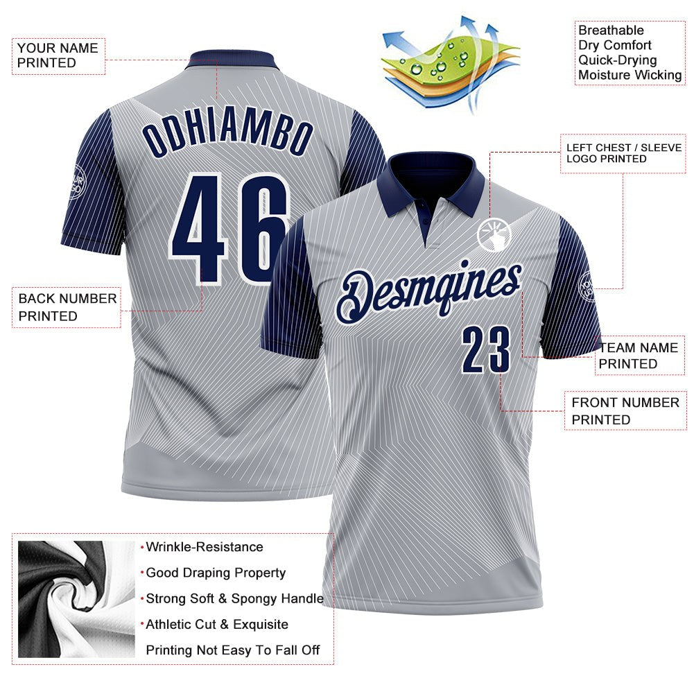 Custom Gray Navy-White 3D Bowling Line Performance Polo Shirt photo 3