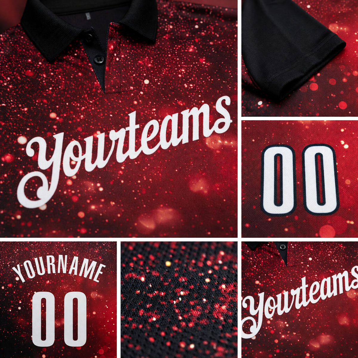 Custom Black Red-White 3D Bowling Glowing Star Performance Polo Shirt detail