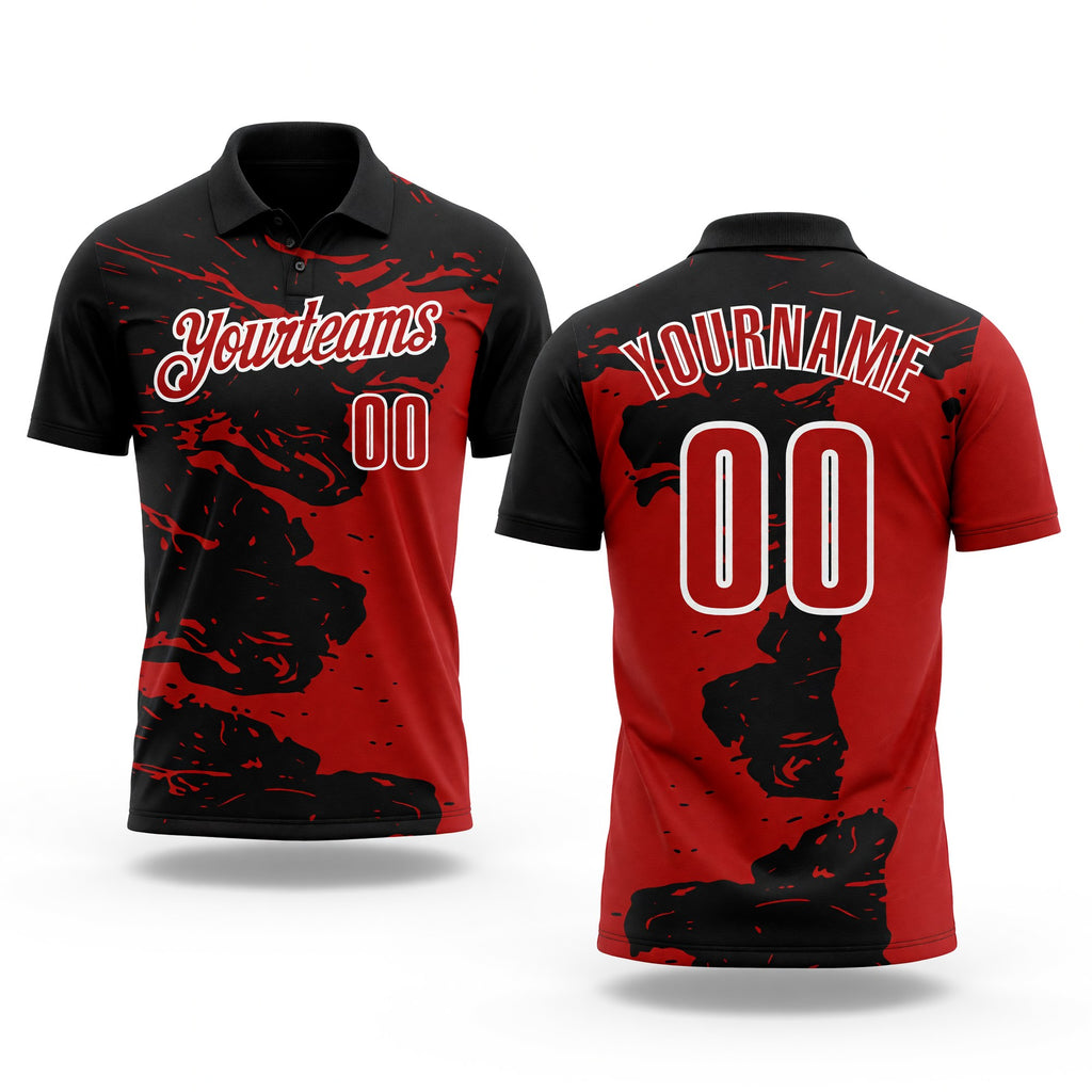 Custom Black Red-White 3D Bowling Splash Ink Performance Polo Shirt