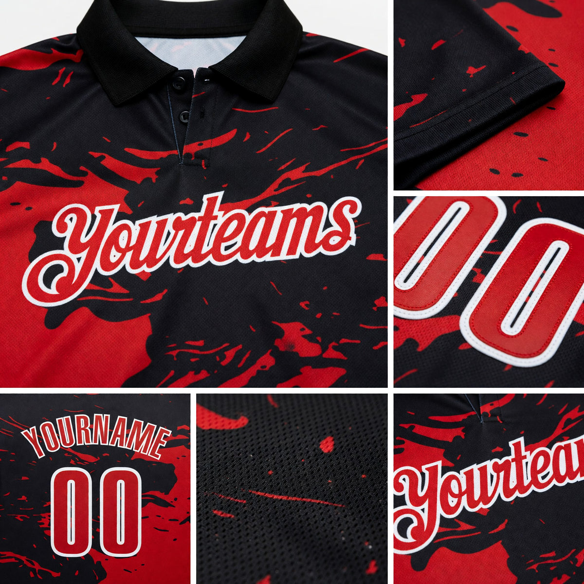 Custom Black Red-White 3D Bowling Splash Ink Performance Polo Shirt detail