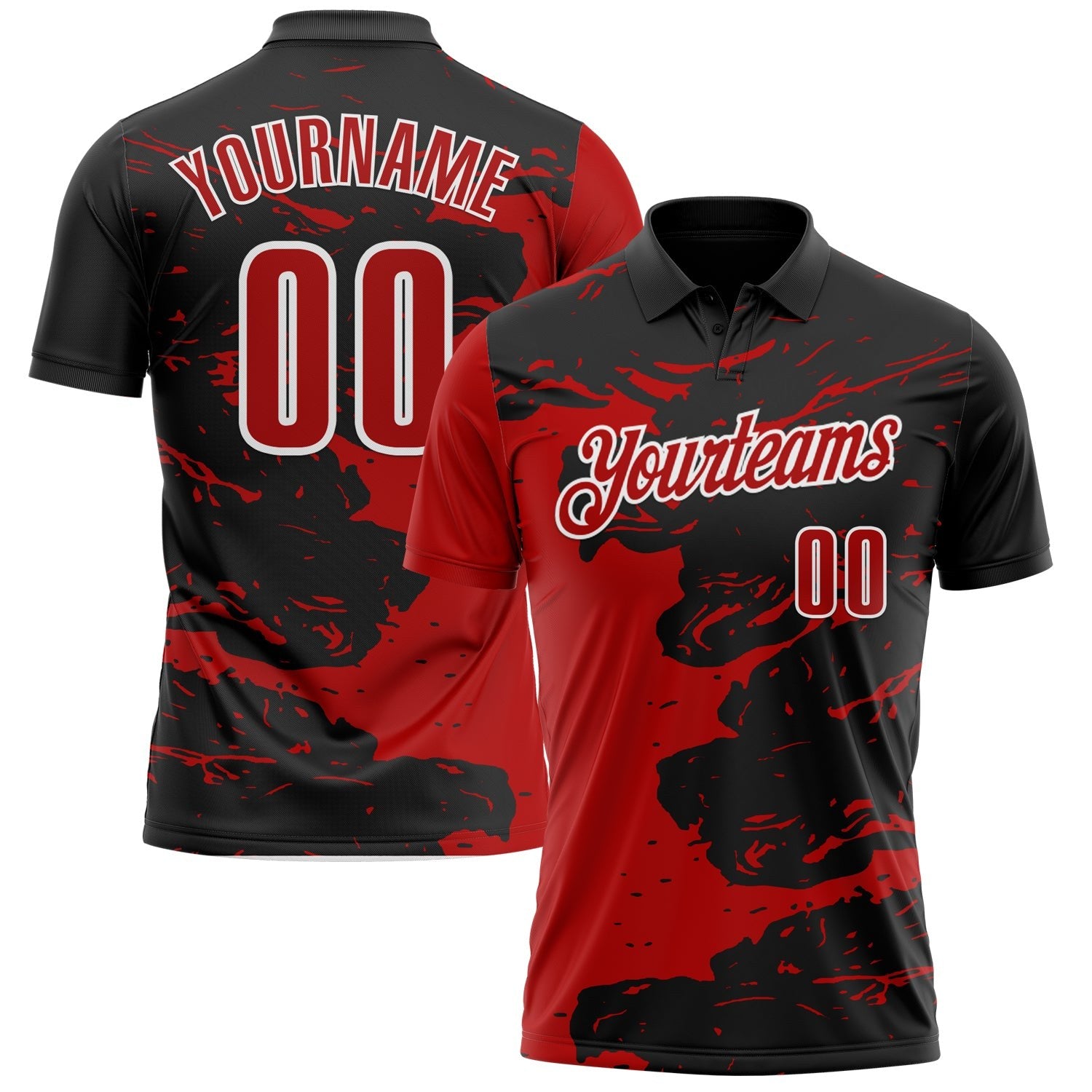 Custom Black Red-White 3D Bowling Splash Ink Performance Polo Shirt photo 1