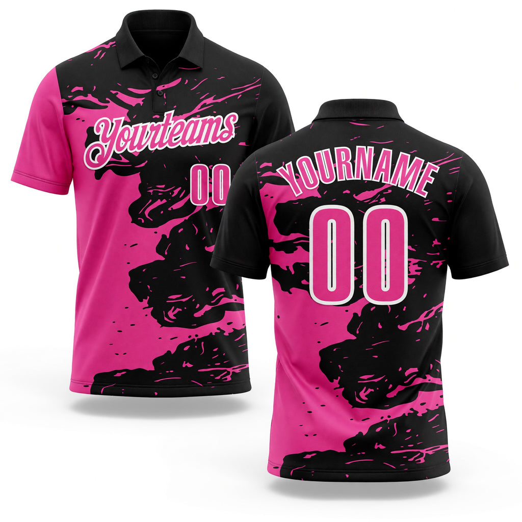 Custom Black Pink-White 3D Bowling Splash Ink Performance Polo Shirt