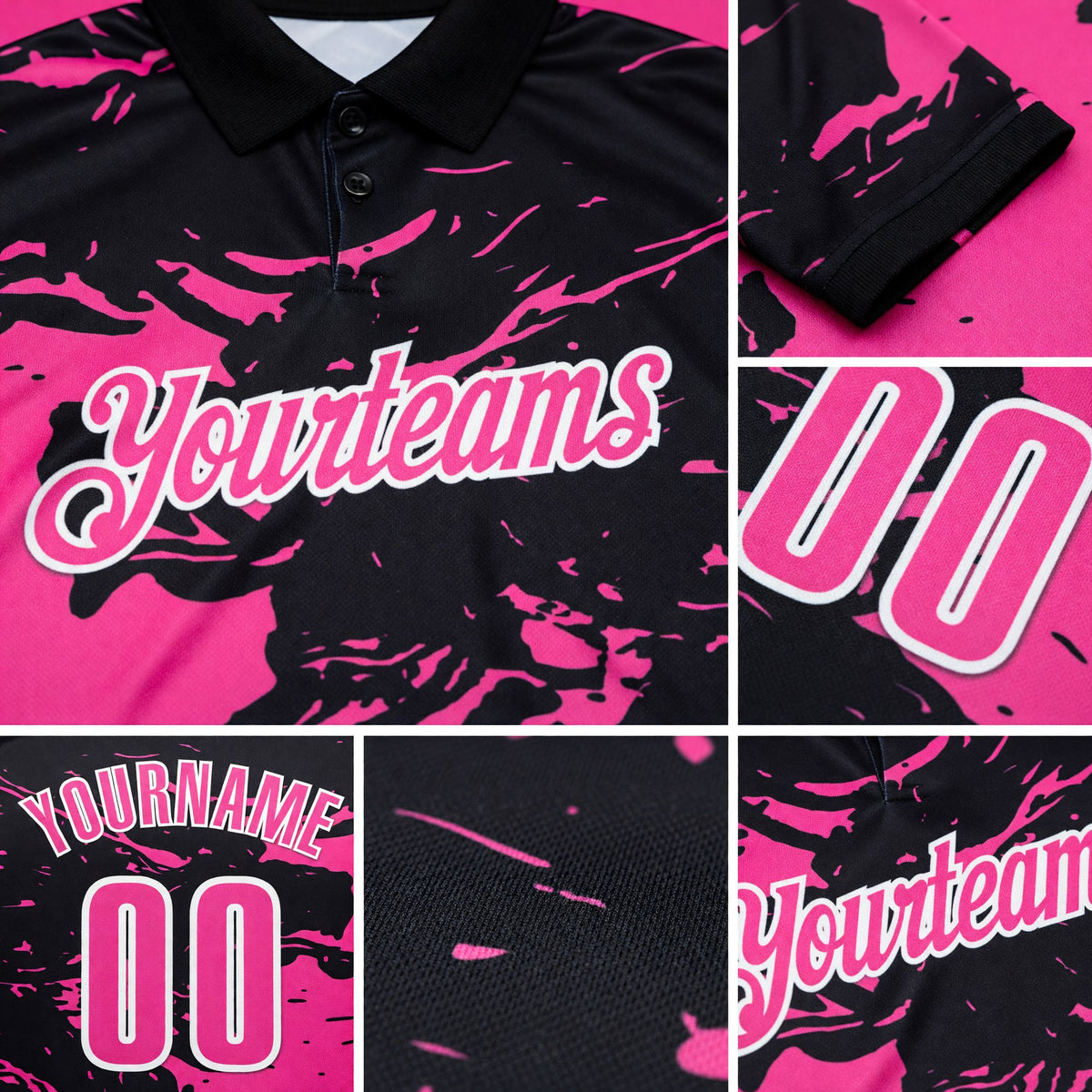 Custom Black Pink-White 3D Bowling Splash Ink Performance Polo Shirt detail