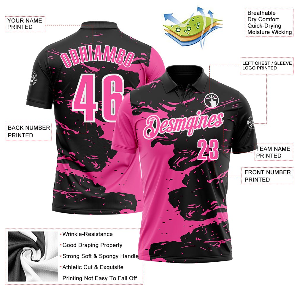 Custom Black Pink-White 3D Bowling Splash Ink Performance Polo Shirt photo 3