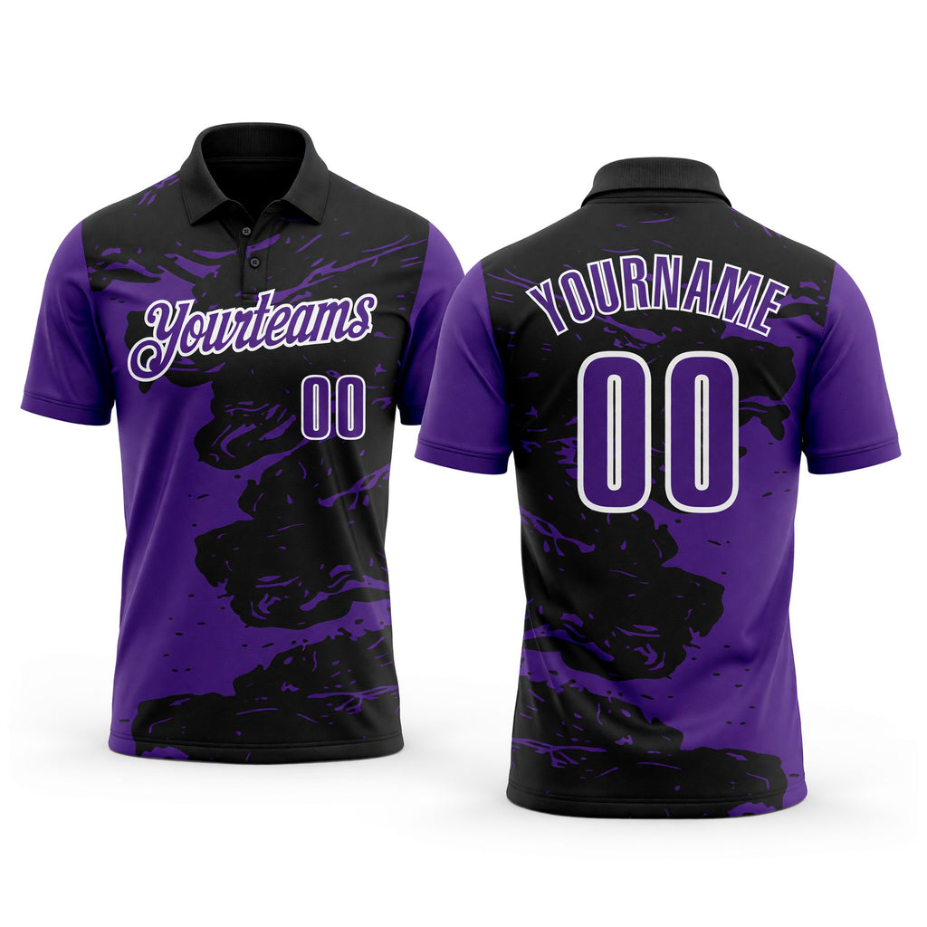 Custom Black Purple-White 3D Bowling Splash Ink Performance Polo Shirt
