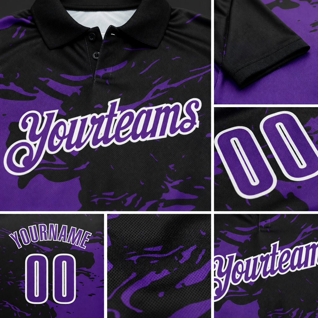 Custom Black Purple-White 3D Bowling Splash Ink Performance Polo Shirt detail