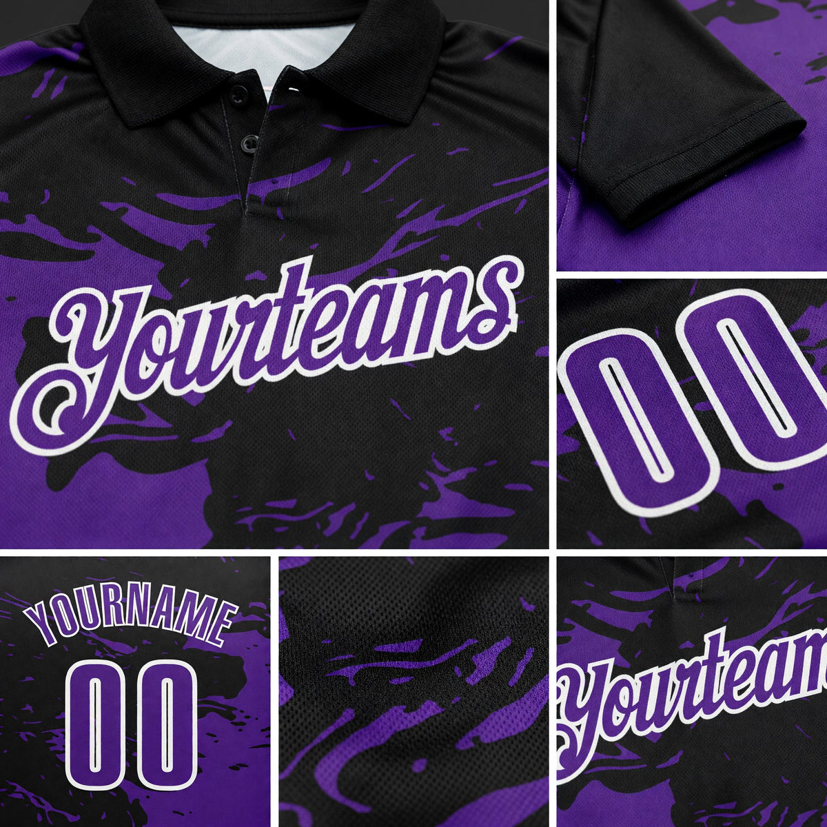 Custom Black Purple-White 3D Bowling Splash Ink Performance Polo Shirt detail