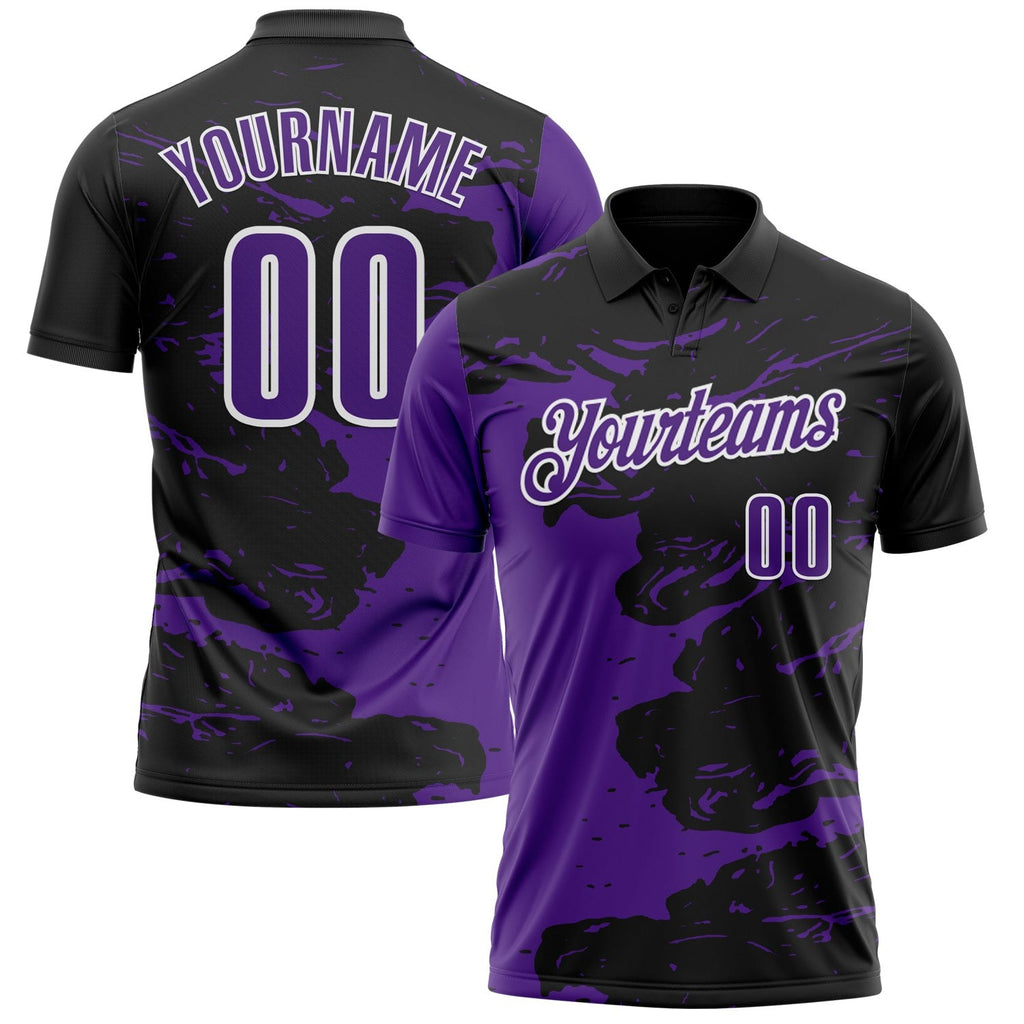 Custom Black Purple-White 3D Bowling Splash Ink Performance Polo Shirt photo 1