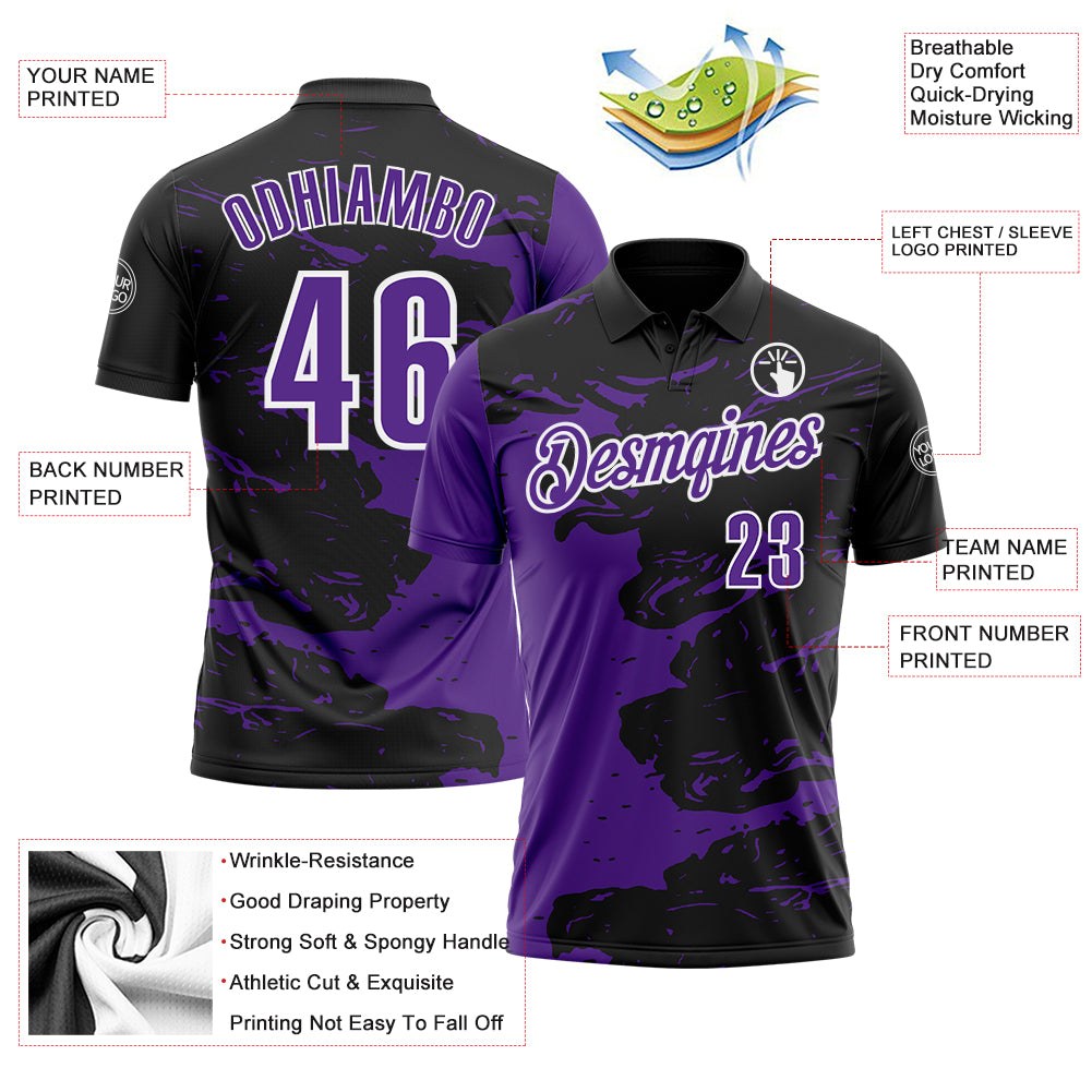 Custom Black Purple-White 3D Bowling Splash Ink Performance Polo Shirt photo 3