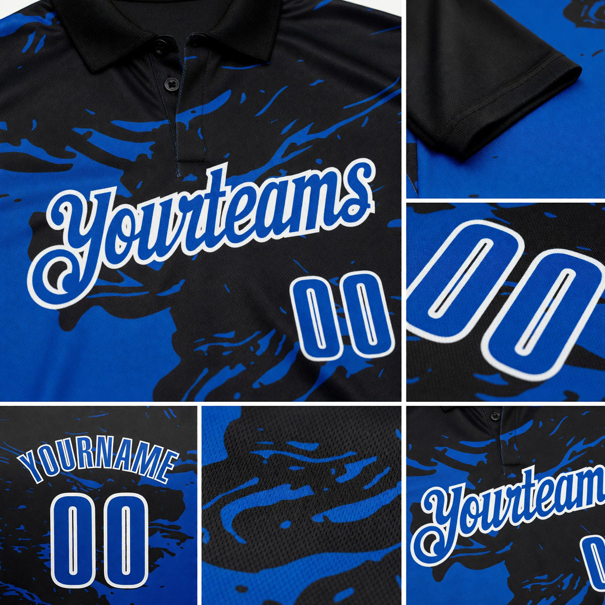 Custom Black Thunder Blue-White 3D Bowling Splash Ink Performance Polo Shirt detail