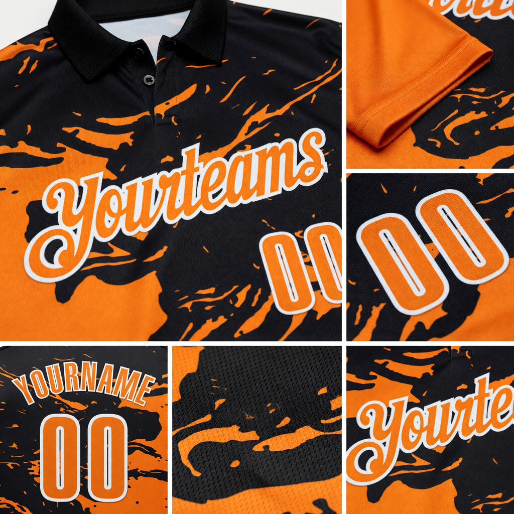 Custom Black Bay Orange-White 3D Bowling Splash Ink Performance Polo Shirt detail