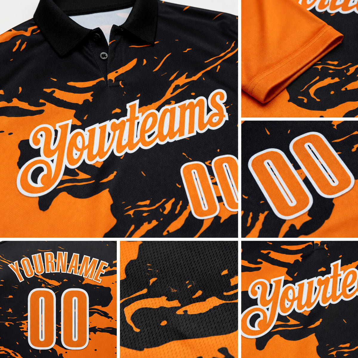 Custom Black Bay Orange-White 3D Bowling Splash Ink Performance Polo Shirt detail