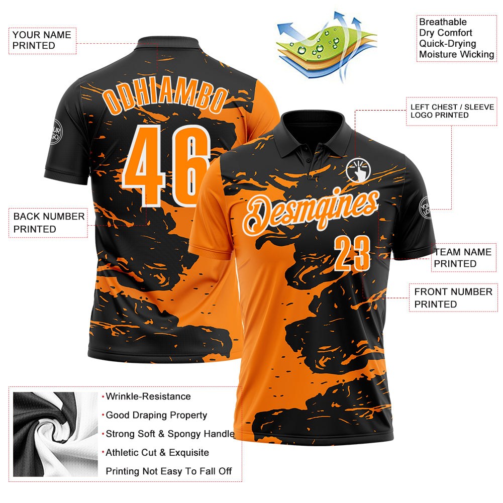 Custom Black Bay Orange-White 3D Bowling Splash Ink Performance Polo Shirt photo 3