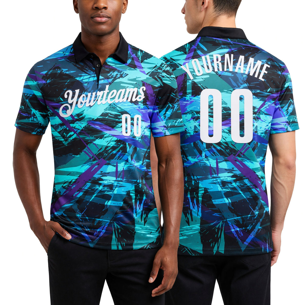 Custom Black White 3D Bowling Abstract Grunge Art Performance Polo Shirt worn front and back