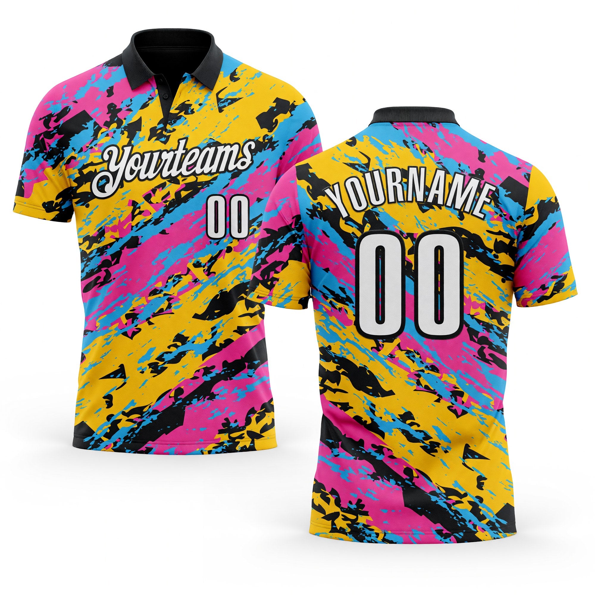 Custom Black Pink Sky Blue-Gold 3D Bowling Abstract Grunge Art Performance Polo Shirt