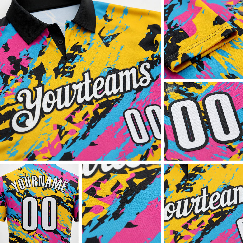 Custom Black Pink Sky Blue-Gold 3D Bowling Abstract Grunge Art Performance Polo Shirt detail