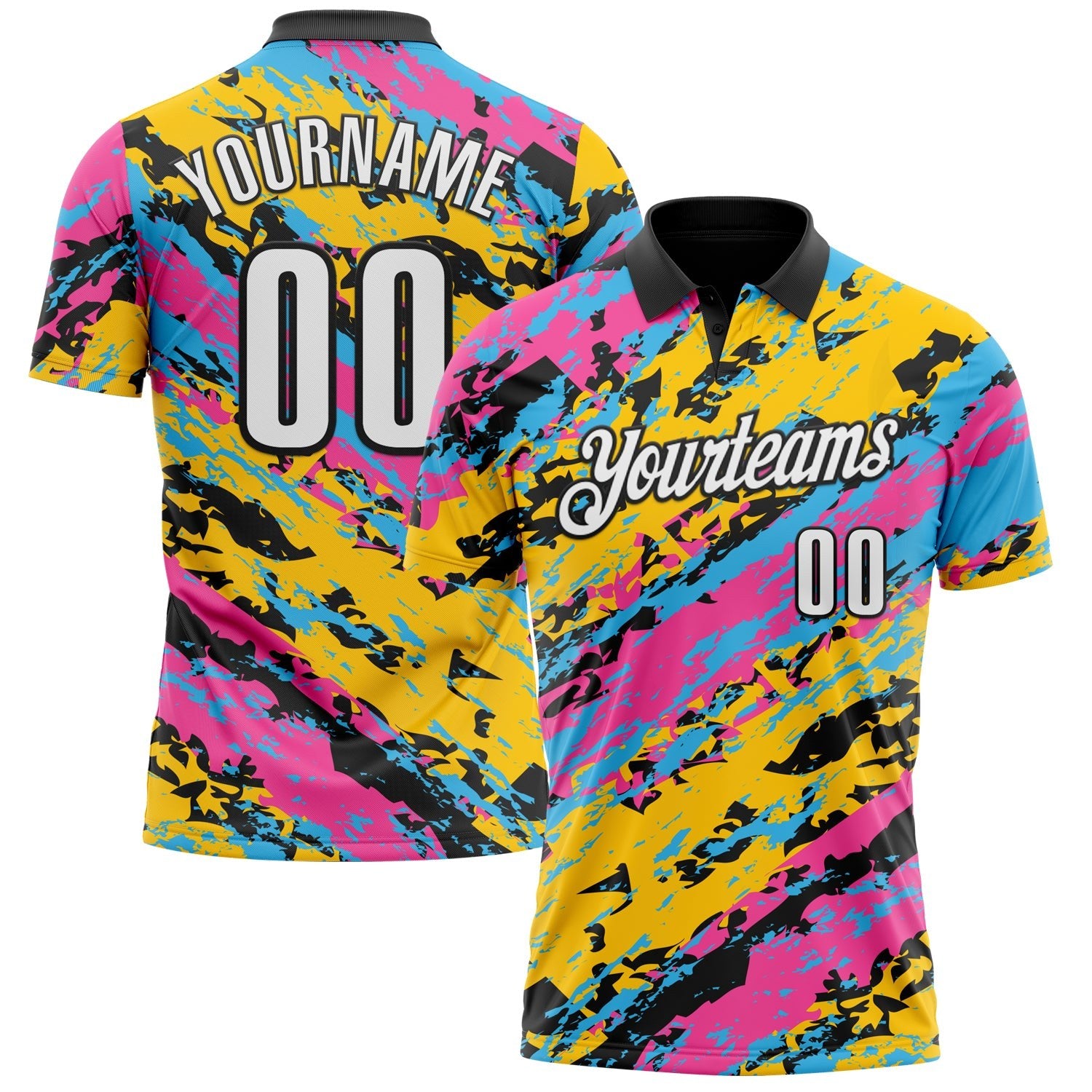 Custom Black Pink Sky Blue-Gold 3D Bowling Abstract Grunge Art Performance Polo Shirt photo 1