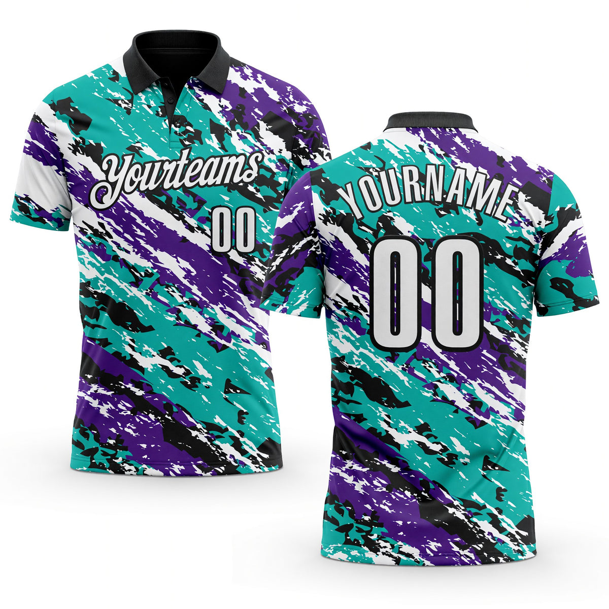 Custom Black Purple-Aqua 3D Bowling Abstract Grunge Art Performance Polo Shirt