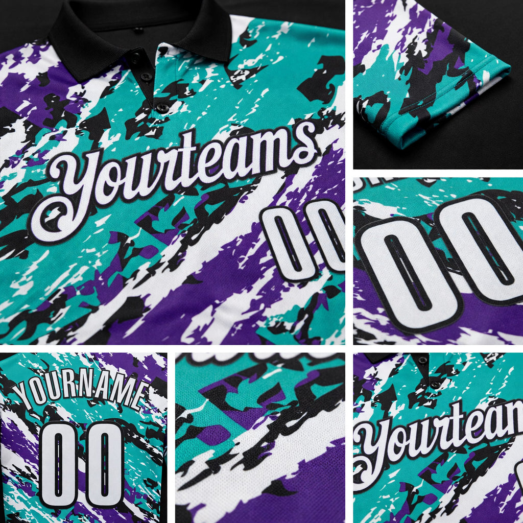 Custom Black Purple-Aqua 3D Bowling Abstract Grunge Art Performance Polo Shirt detail