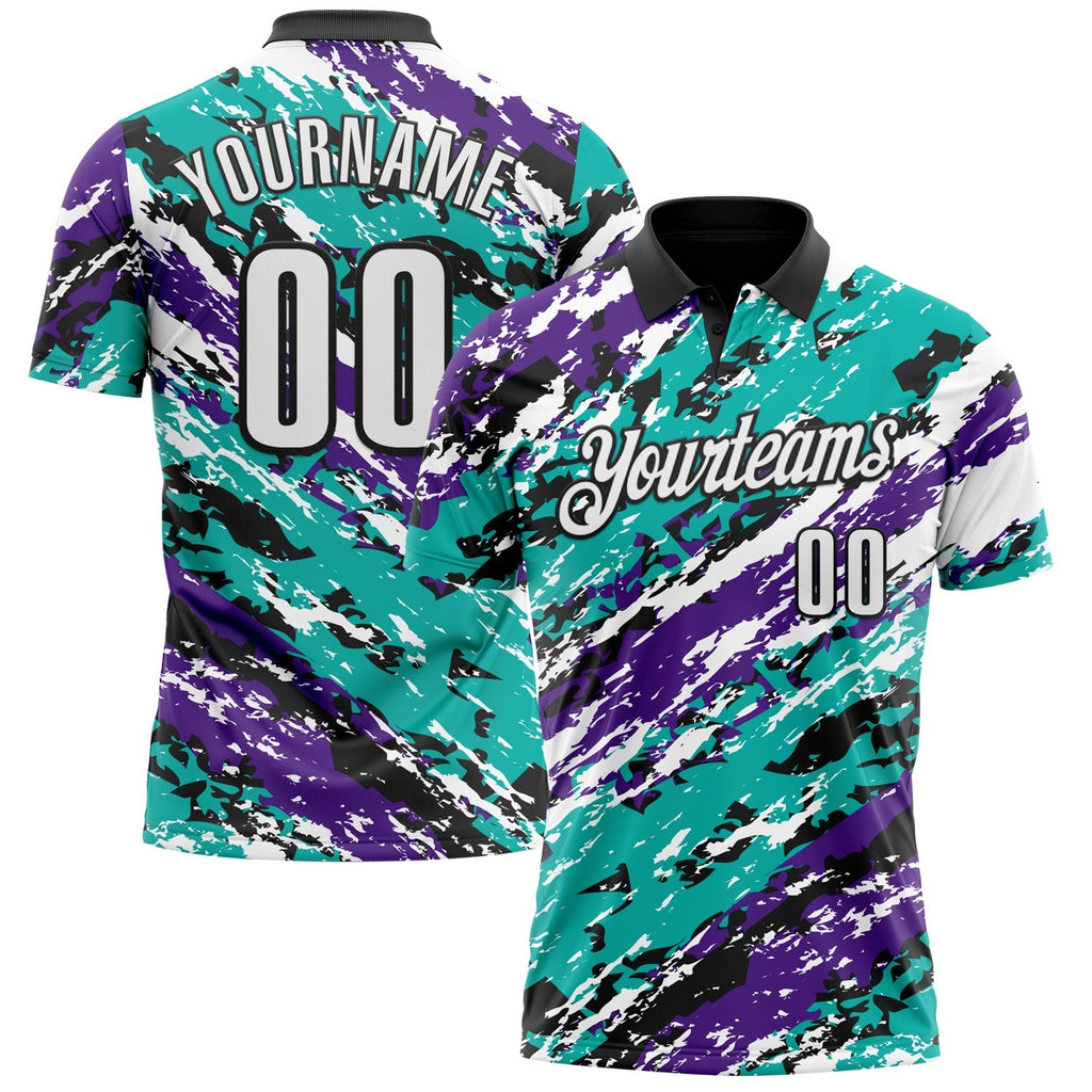 Custom Black Purple-Aqua 3D Bowling Abstract Grunge Art Performance Polo Shirt photo 1