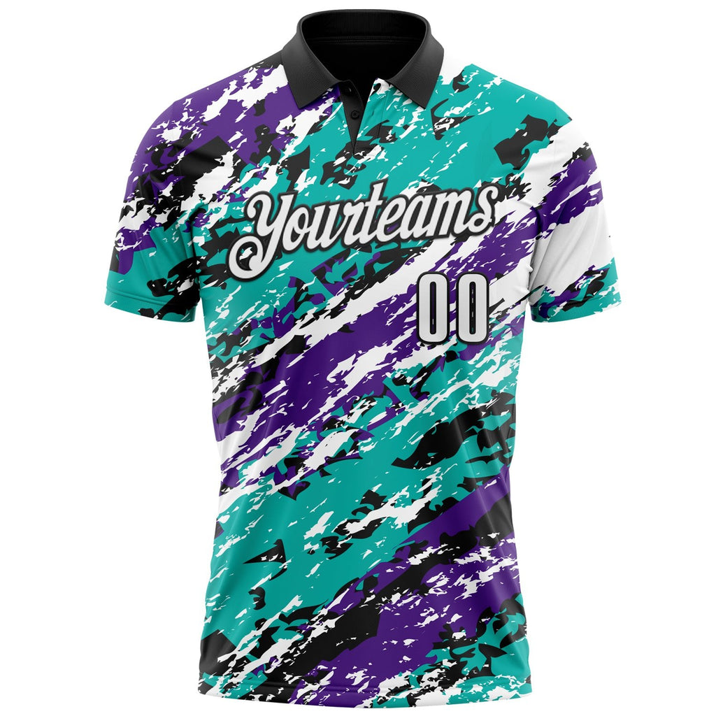 Custom Black Purple-Aqua 3D Bowling Abstract Grunge Art Performance Polo Shirt photo 2