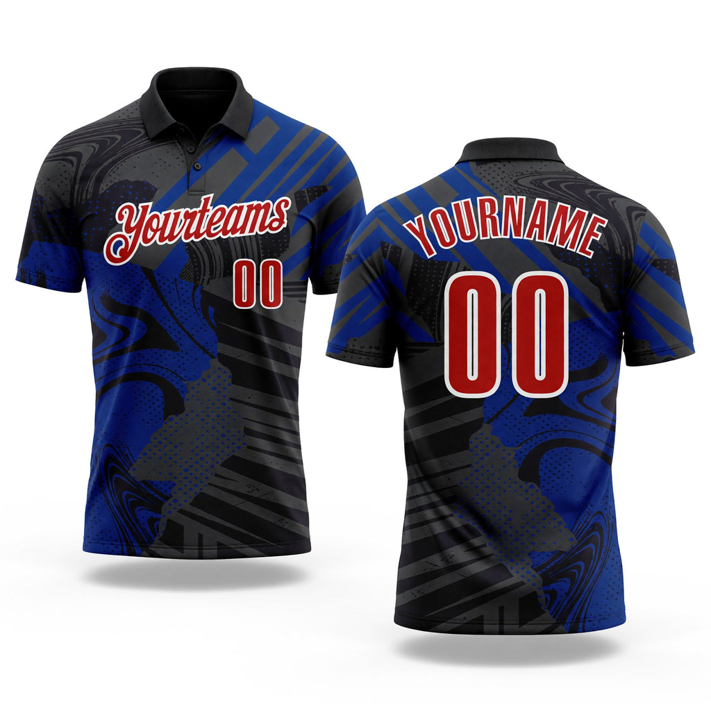Custom Black Red-Royal 3D Bowling Abstract Grunge Art Performance Polo Shirt