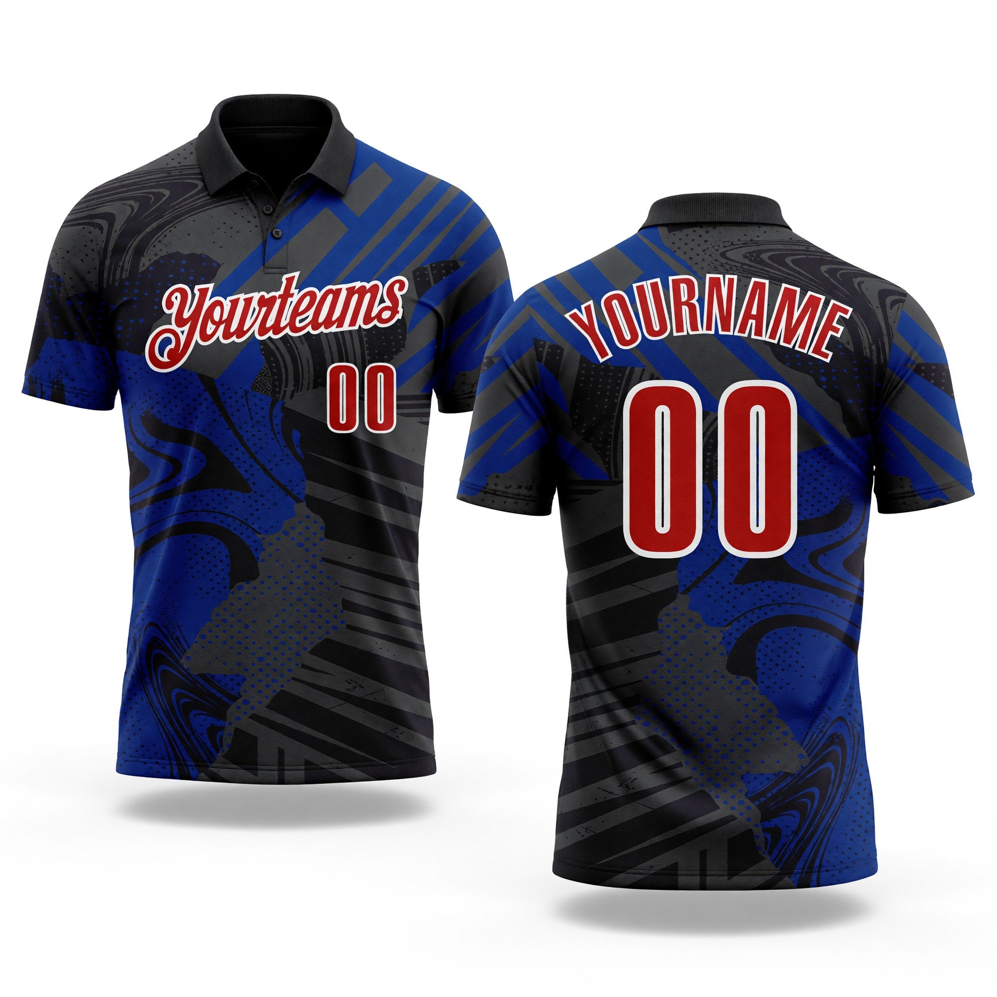 Custom Black Red-Royal 3D Bowling Abstract Grunge Art Performance Polo Shirt