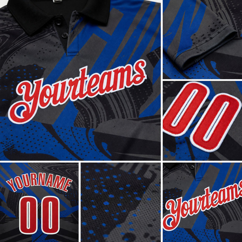 Custom Black Red-Royal 3D Bowling Abstract Grunge Art Performance Polo Shirt detail