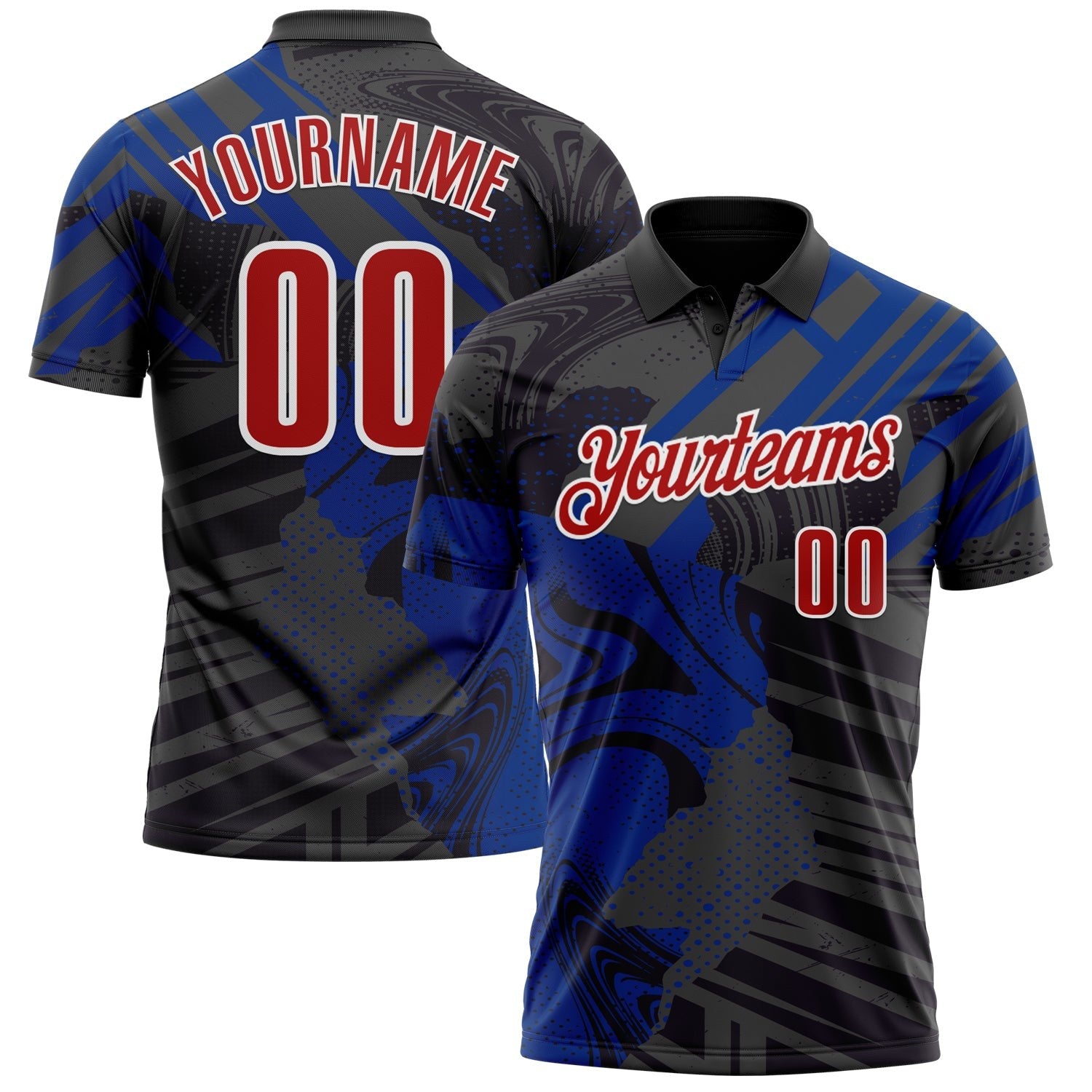 Custom Black Red-Royal 3D Bowling Abstract Grunge Art Performance Polo Shirt photo 1