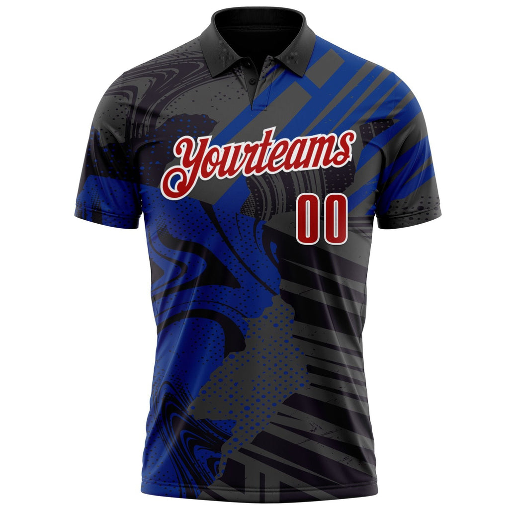 Custom Black Red-Royal 3D Bowling Abstract Grunge Art Performance Polo Shirt photo 2