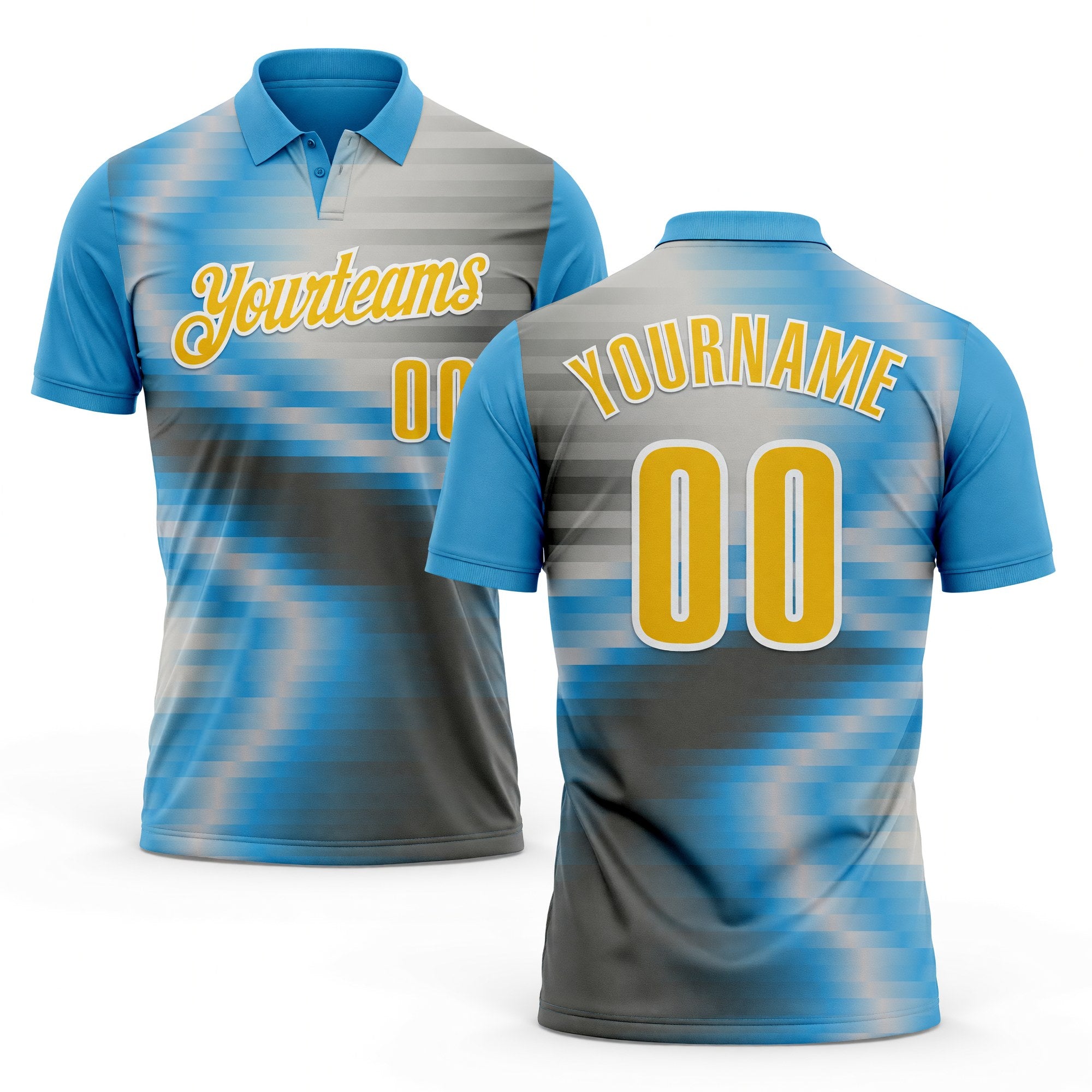 Custom Sky Blue Yellow-Steel Gray 3D Bowling Line Performance Polo Shirt