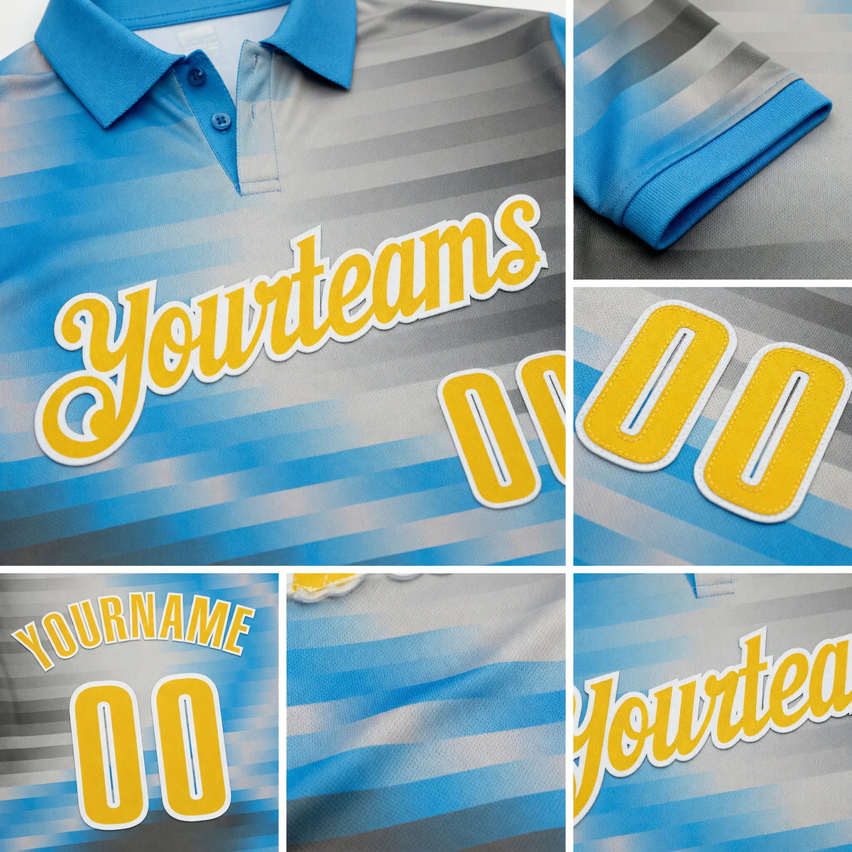 Custom Sky Blue Yellow-Steel Gray 3D Bowling Line Performance Polo Shirt detail