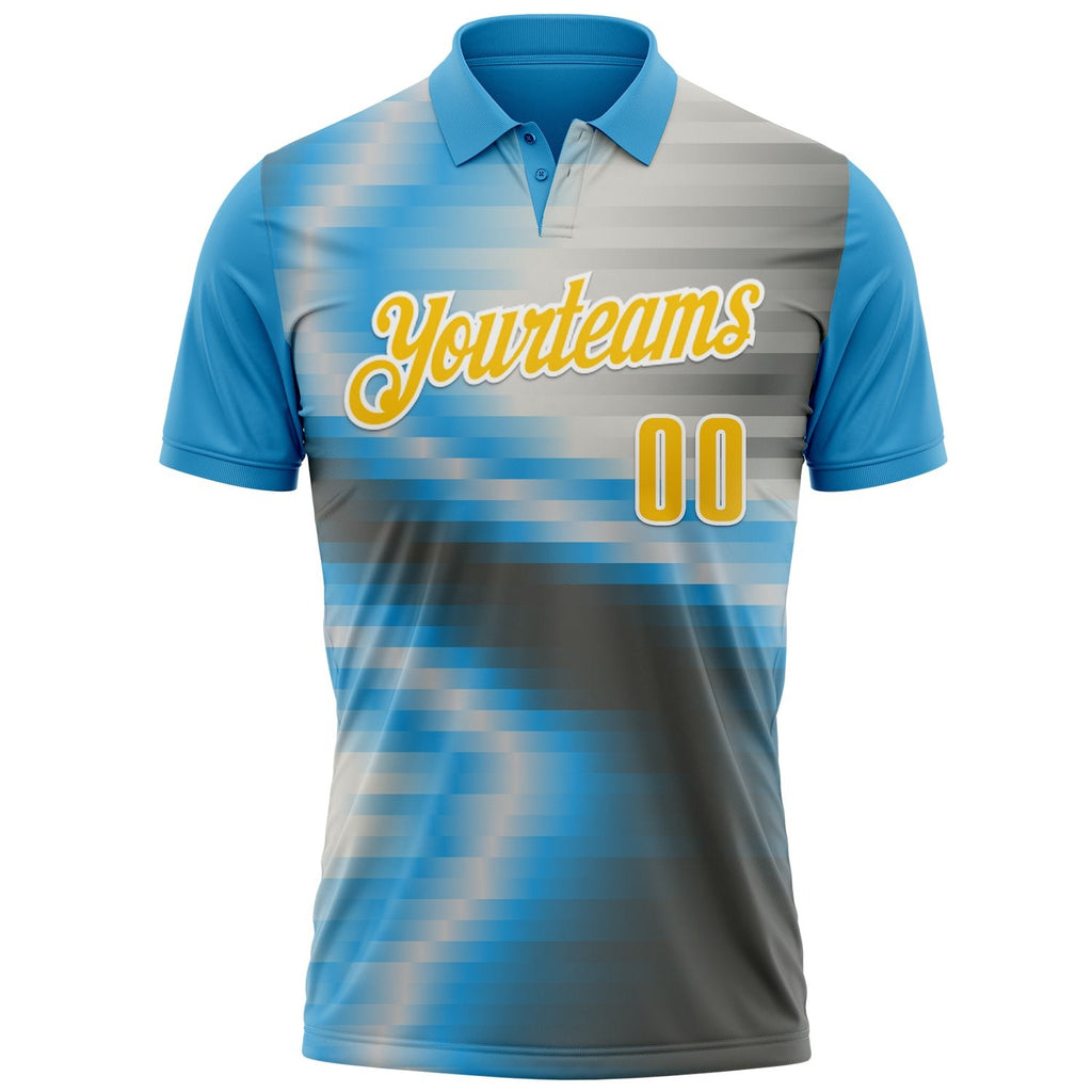 Custom Sky Blue Yellow-Steel Gray 3D Bowling Line Performance Polo Shirt photo 2