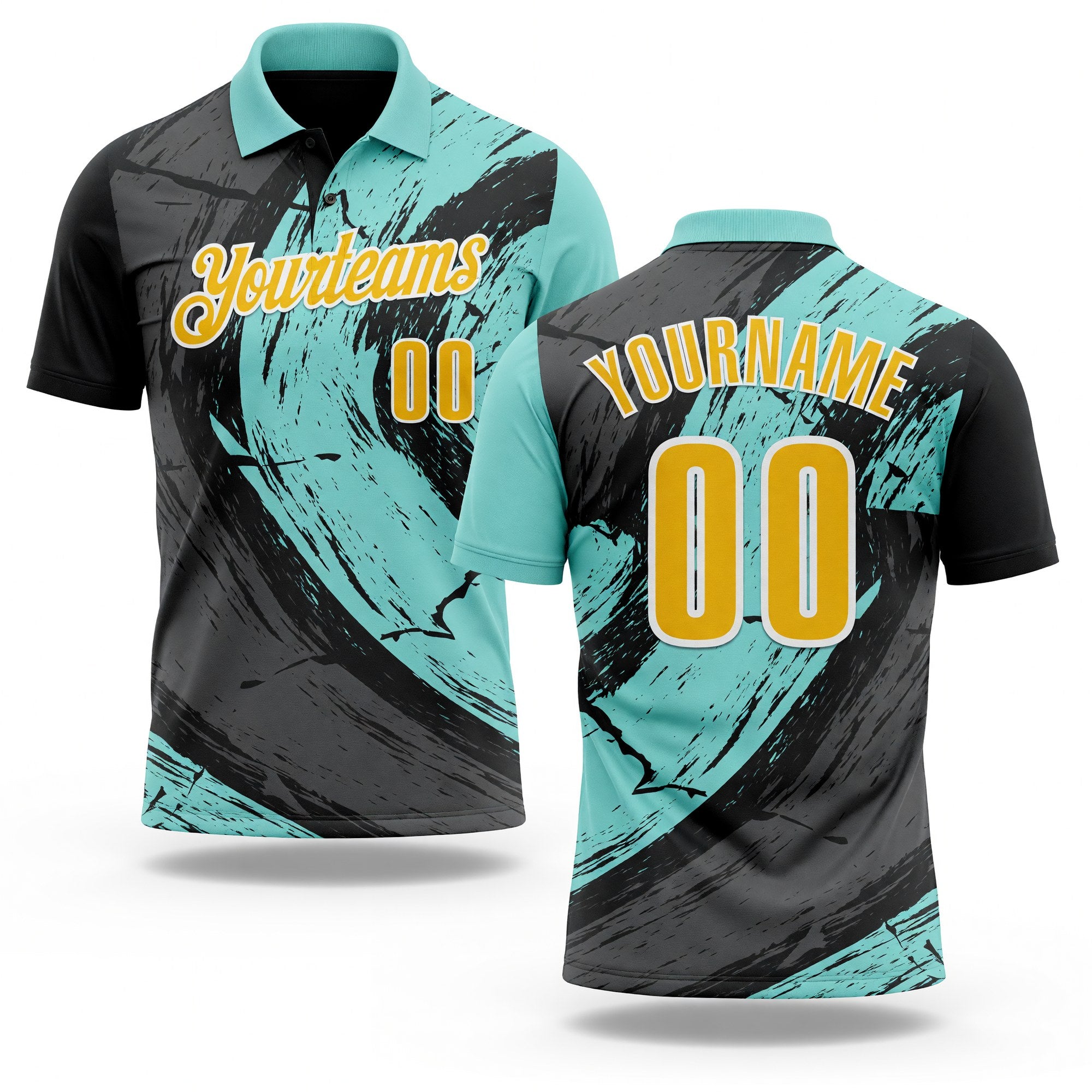 Custom Ice Blue Yellow-Steel Gray 3D Bowling Splash Ink Performance Polo Shirt