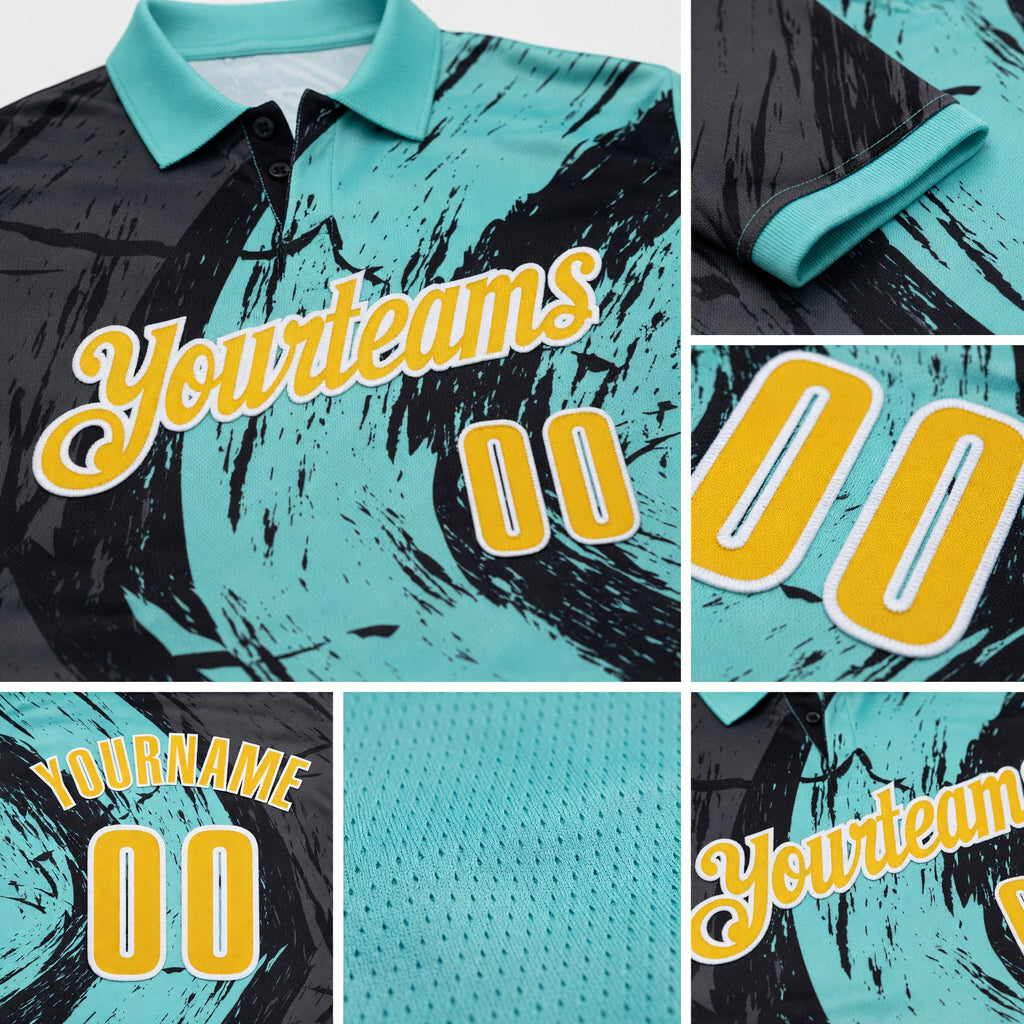 Custom Ice Blue Yellow-Steel Gray 3D Bowling Splash Ink Performance Polo Shirt detail