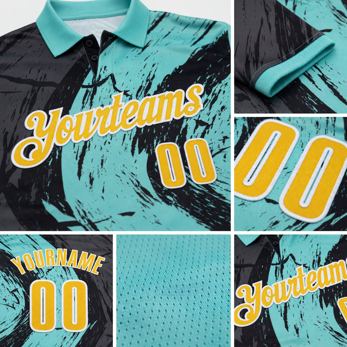 Custom Ice Blue Yellow-Steel Gray 3D Bowling Splash Ink Performance Polo Shirt detail