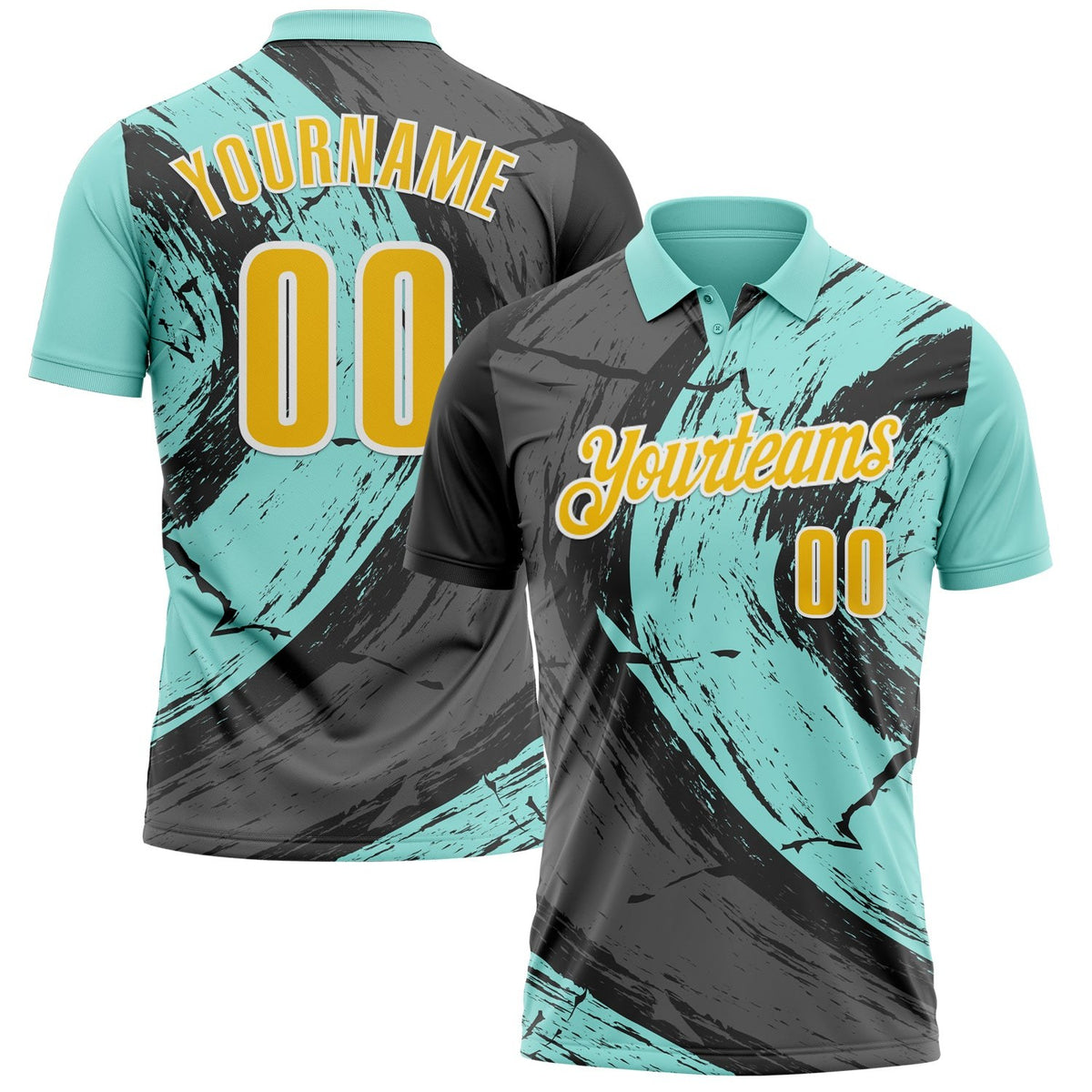 Custom Ice Blue Yellow-Steel Gray 3D Bowling Splash Ink Performance Polo Shirt photo 1