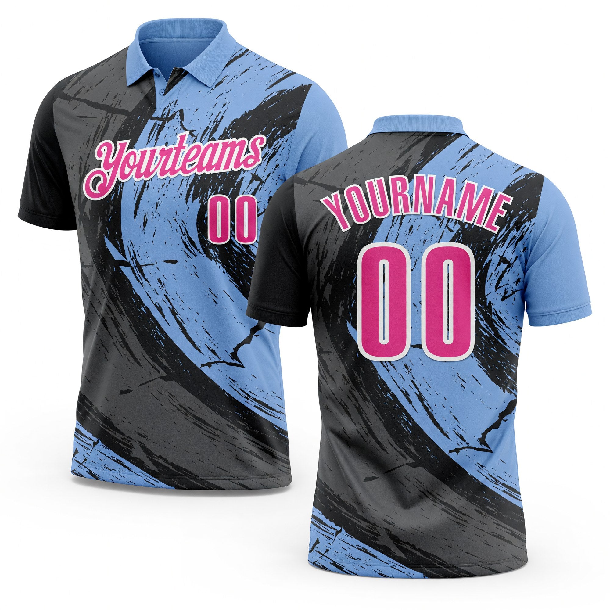 Custom Light Blue Pink-Steel Gray 3D Bowling Splash Ink Performance Polo Shirt