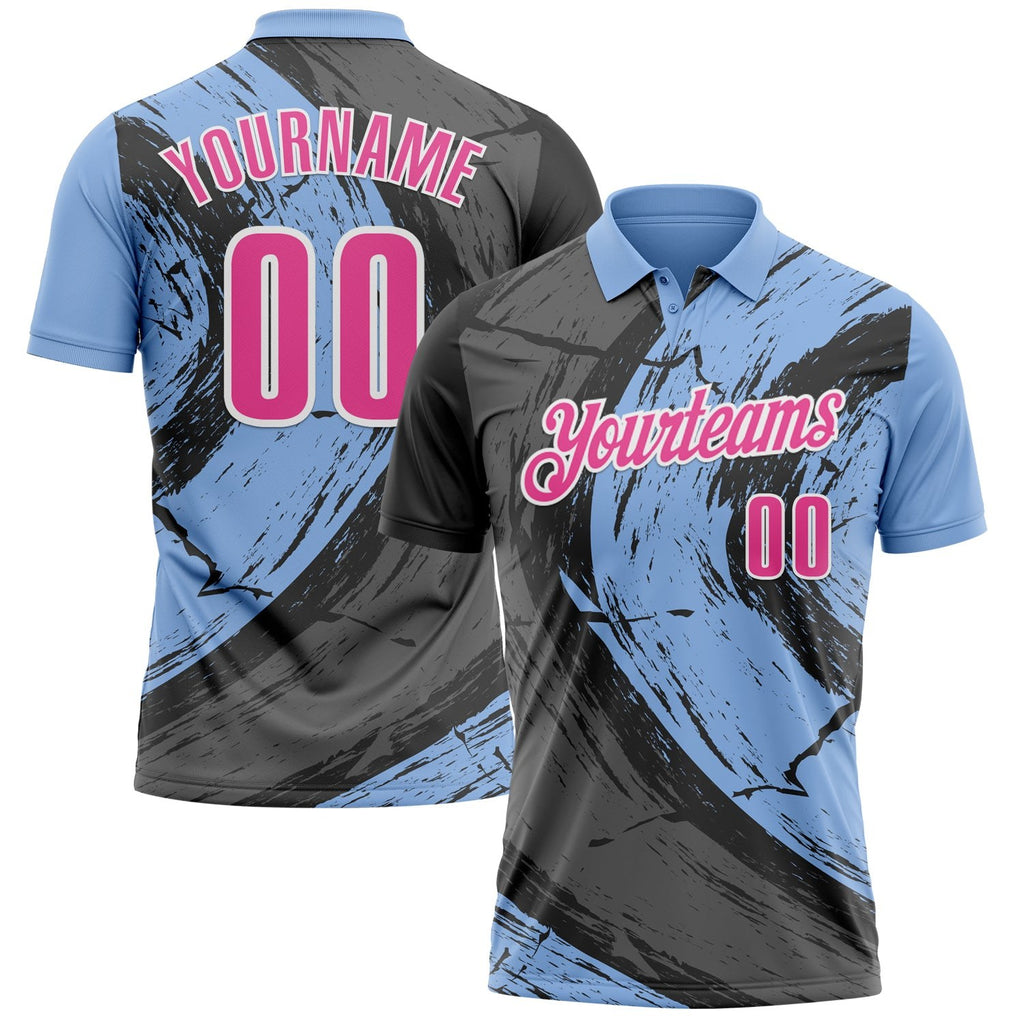 Custom Light Blue Pink-Steel Gray 3D Bowling Splash Ink Performance Polo Shirt photo 1