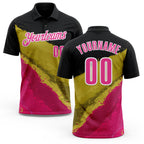 Custom Black Pink-Old Gold 3D Bowling Splash Ink Performance Polo Shirt