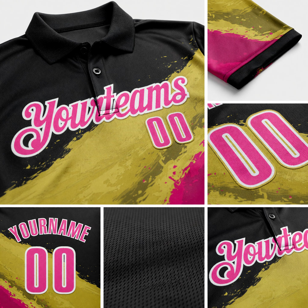Custom Black Pink-Old Gold 3D Bowling Splash Ink Performance Polo Shirt detail